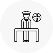 Icon of an airport security officer at a desk with health icon float next to him