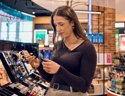 woman looks at mascara