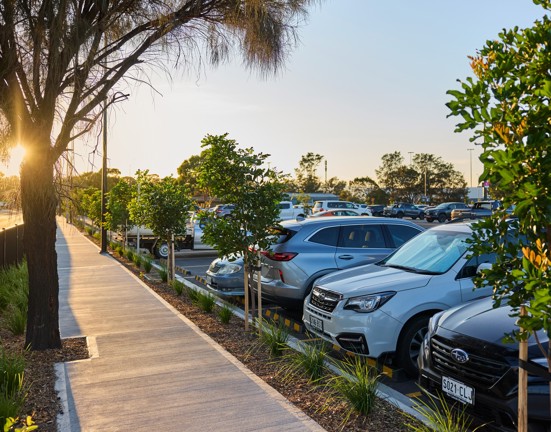 Sun lit path around car park at Adelaide Airport