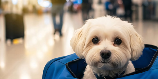Small white dog in a carron on bag at the airport 